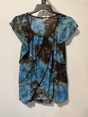 Sami & Jo Blue Brown Ruffle Blouse Shirt Woman S/S  Size 2X CHEST 40" Preowned